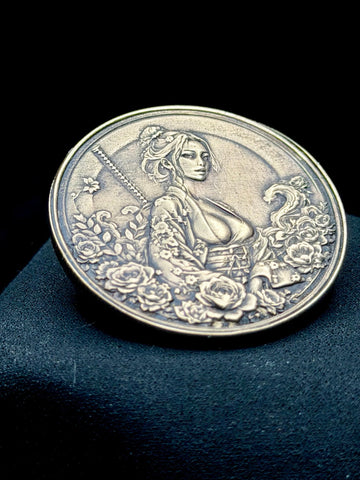 Samurai Woman Coin 40mm Brass Engraved Katana Floral Japanese Art Medallion