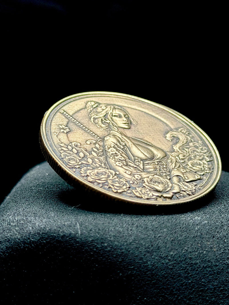 Samurai Woman Coin 40mm Brass Engraved Katana Floral Japanese Art Medallion