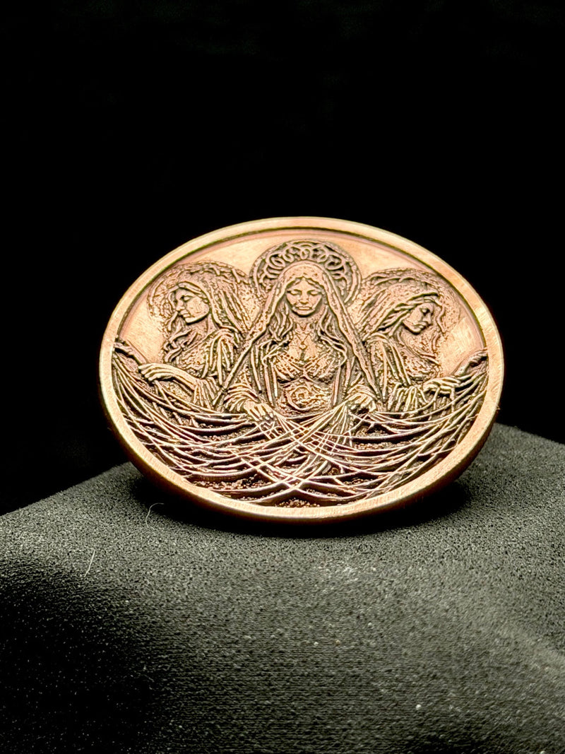 Three Fates Moirai Coin 40mm Copper Engraved Weavers of Fate Art Medallion