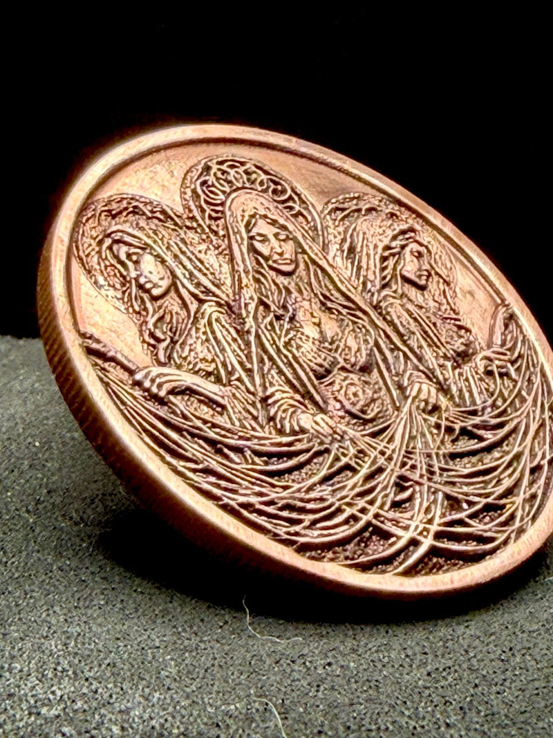 Three Fates Moirai Coin 40mm Copper Engraved Weavers of Fate Art Medallion