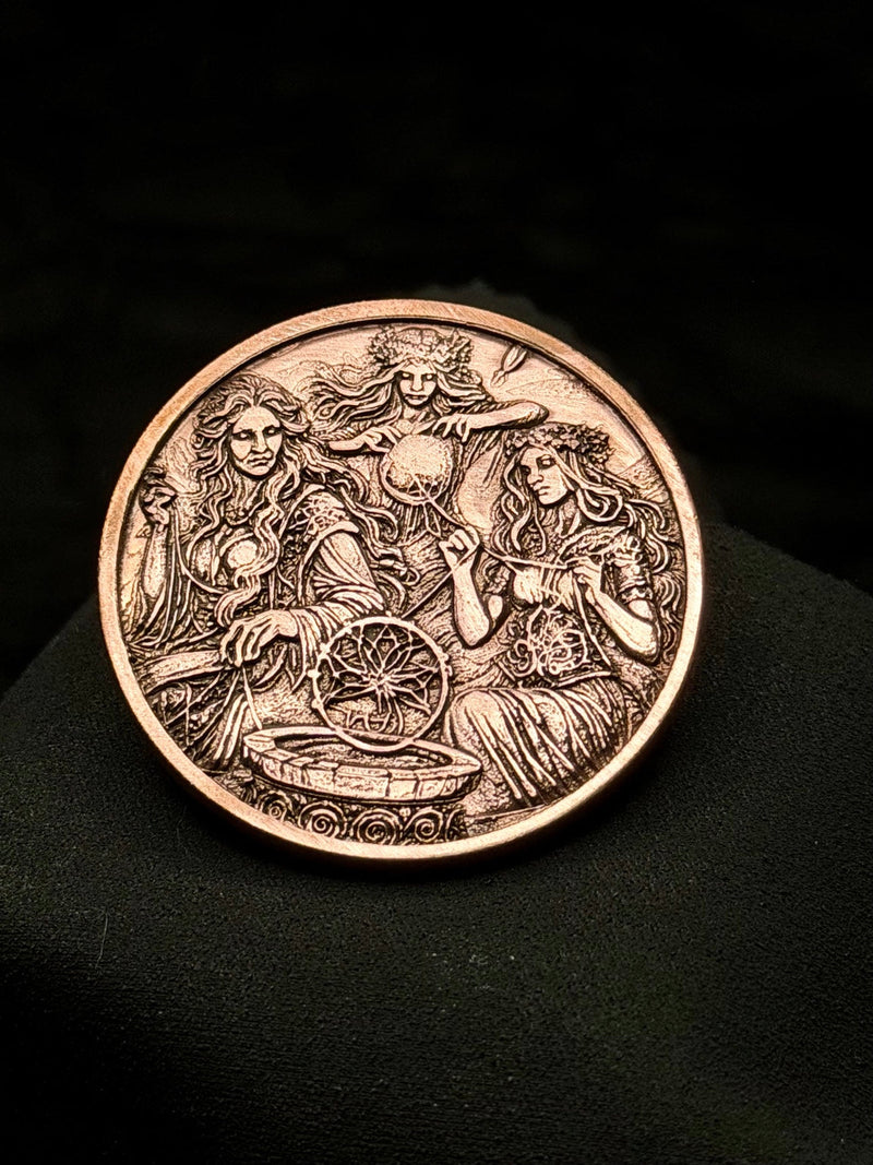 Three Fates Spinning Wheel Coin 40mm Copper Moirai Mythology Art Medallion