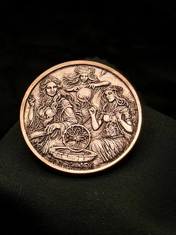 Three Fates Spinning Wheel Coin 40mm Copper Moirai Mythology Art Medallion