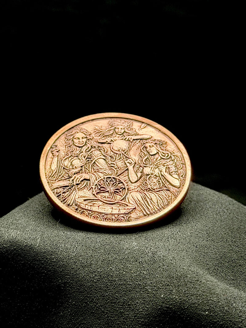 Three Fates Spinning Wheel Coin 40mm Copper Moirai Mythology Art Medallion
