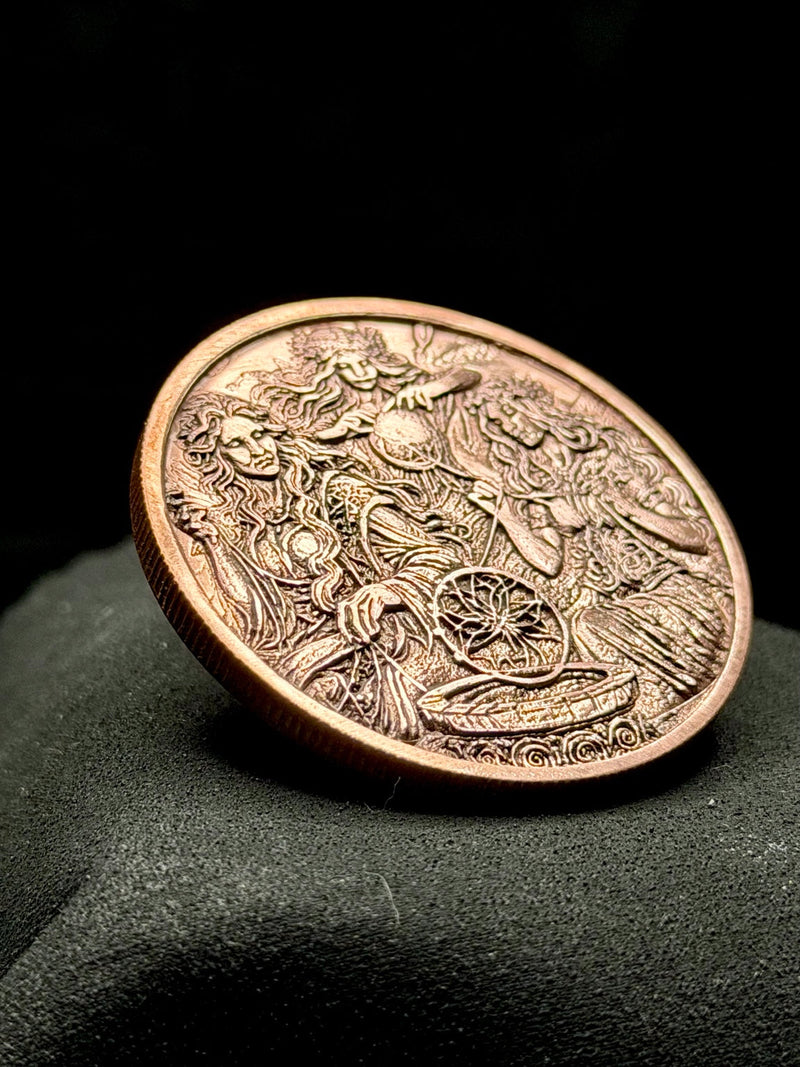 Three Fates Spinning Wheel Coin 40mm Copper Moirai Mythology Art Medallion
