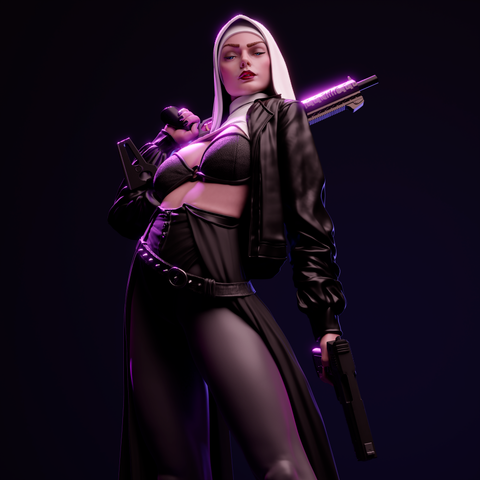 Nun with Gun Resin Statue - view 1